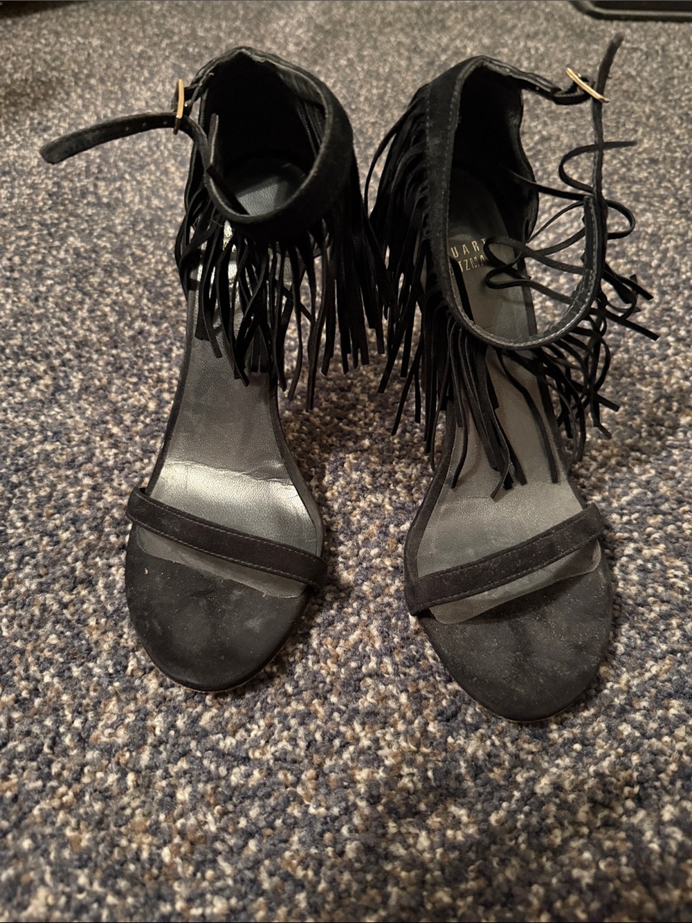 Stuart Weitzman Black Fringe Ankle-Strap Heels